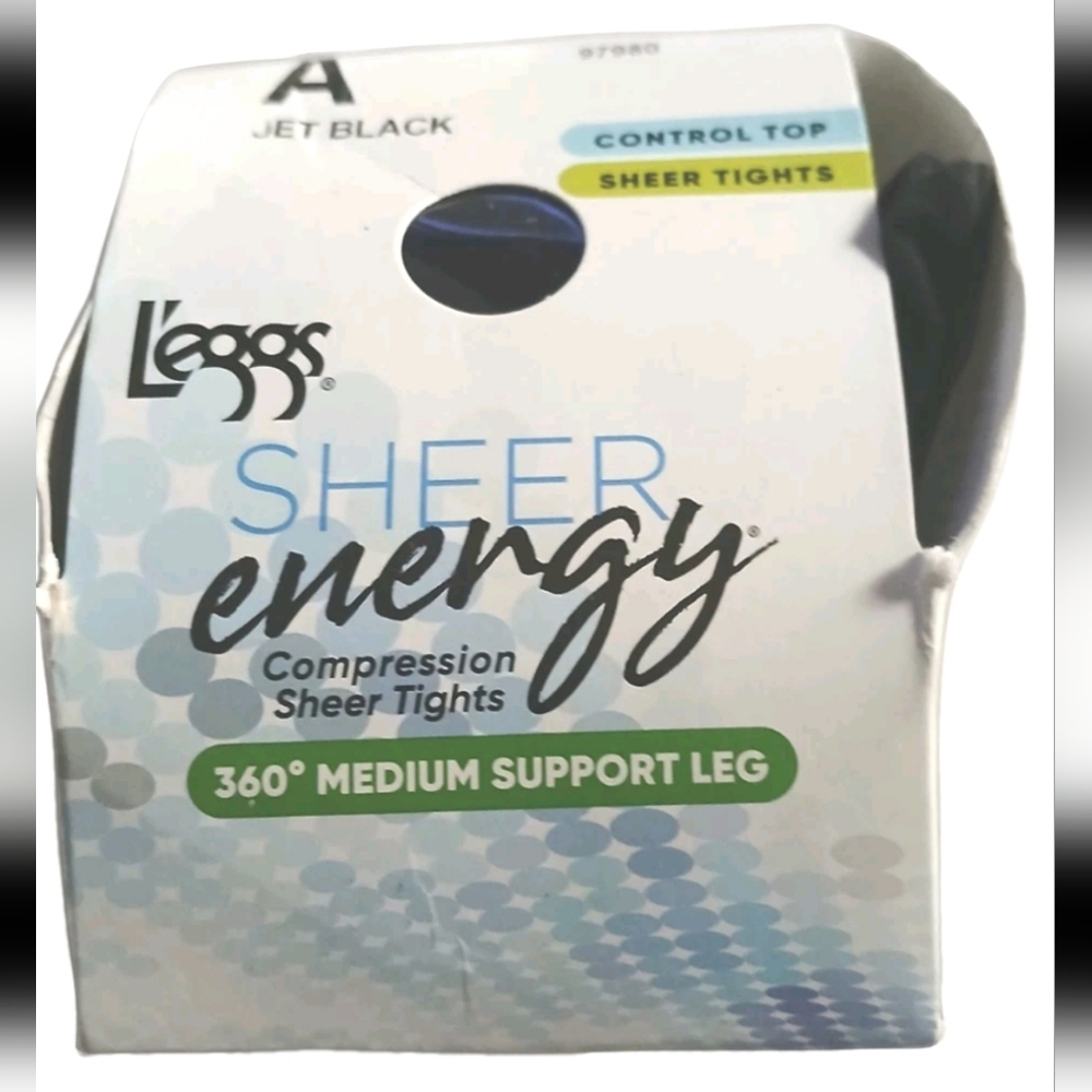 L'eggs Sheer Energy Control Top Sheer Tights Med Support Leg. Size A Jet Black